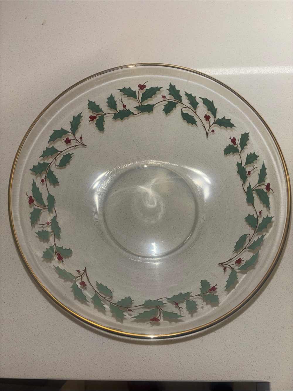 Arcoroc France Christmas Holly Berry Clear Glass Serving Bowl Gold Trim